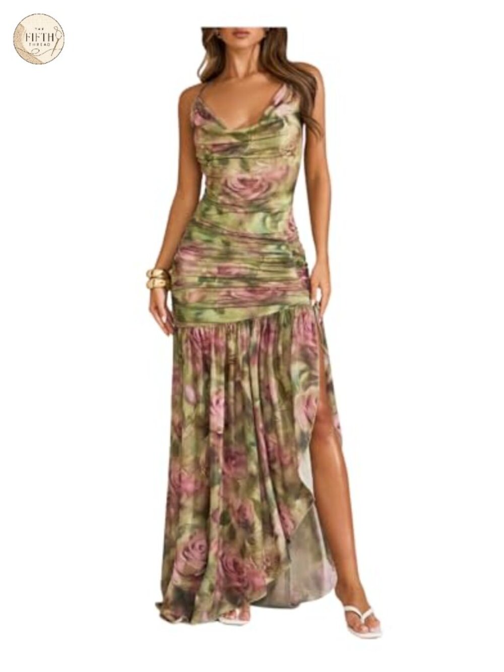 Women's Floral Halter Maxi Dress Sleeveless Split Ruched Vacation
